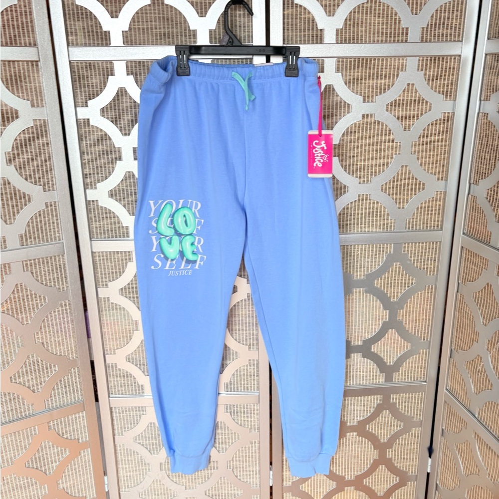 NWT Justice Blue Track Pants with Fun Patches